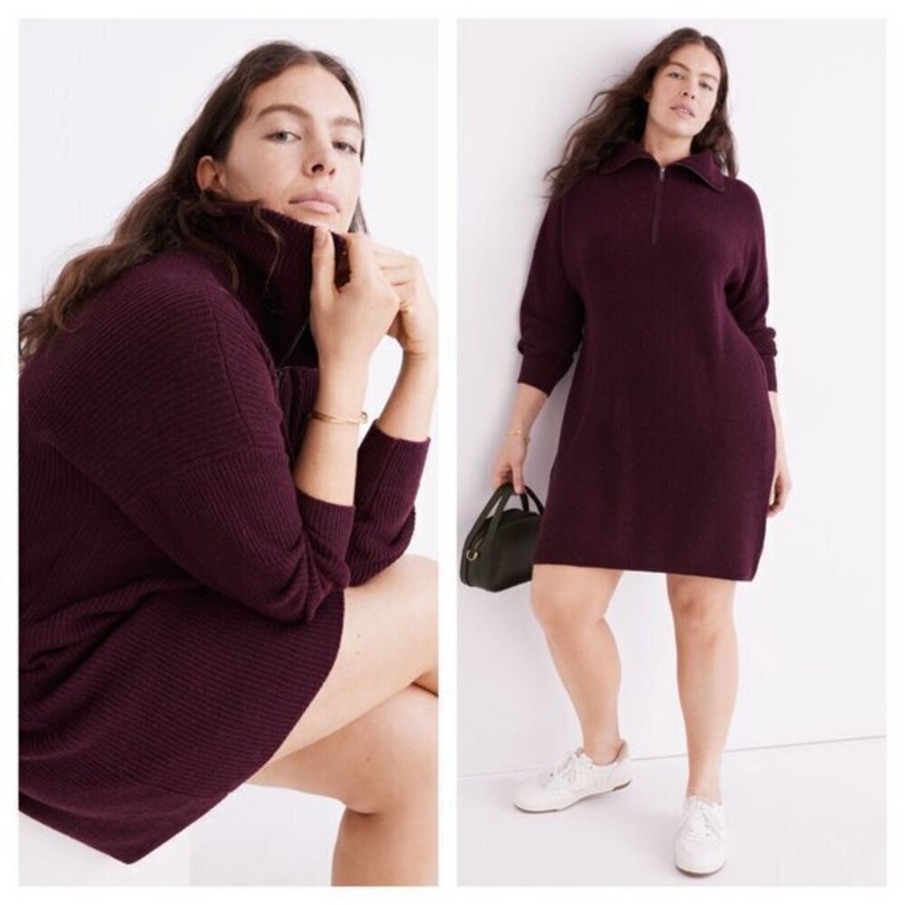 Madewell Ribbed Half-Zip Sweater Dress S Heather Maroon
